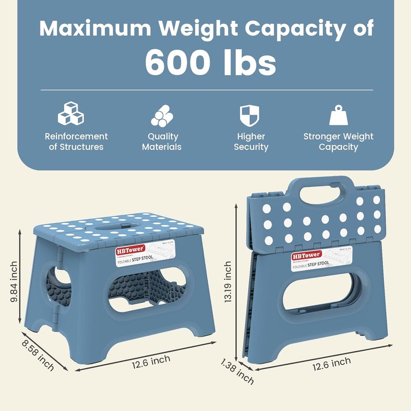 HBTower Folding Step Stool 9 Inch - Holds 600 lb, Non-Slip Surface & Carry Handle - Sturdy Step Stool for Kids, Toddlers & Adults - Compact Foldable Foot Stool for Kitchen, Bathroom, Bedroom(Blue) - Image 2